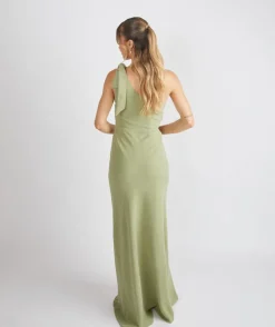 Bow One Shoulder Gathered Crepe Bridesmaid Dress - Sage