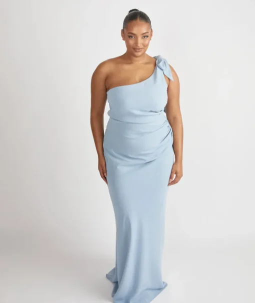 Bow One Shoulder Gathered Crepe Bridesmaid Dress - Pale Blue