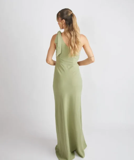 Bow One Shoulder Gathered Crepe Bridesmaid Dress - Sage