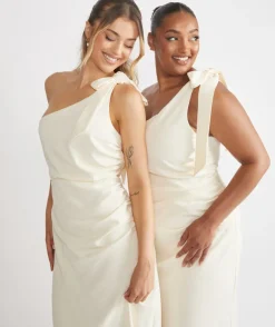 Bow One Shoulder Gathered Crepe Bridesmaid Dress - Almond