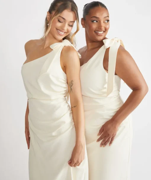 Bow One Shoulder Gathered Crepe Bridesmaid Dress - Almond