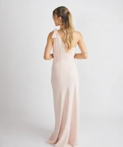 Bow One Shoulder Gathered Crepe Bridesmaid Dress - Blush