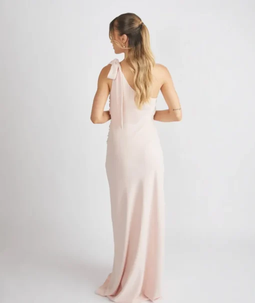 Bow One Shoulder Gathered Crepe Bridesmaid Dress - Blush