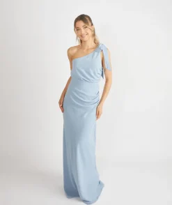 Bow One Shoulder Gathered Crepe Bridesmaid Dress - Pale Blue