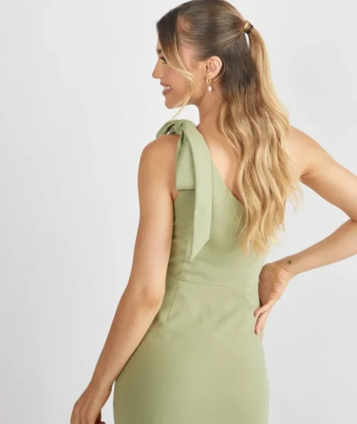 Bow One Shoulder Gathered Crepe Bridesmaid Dress - Sage