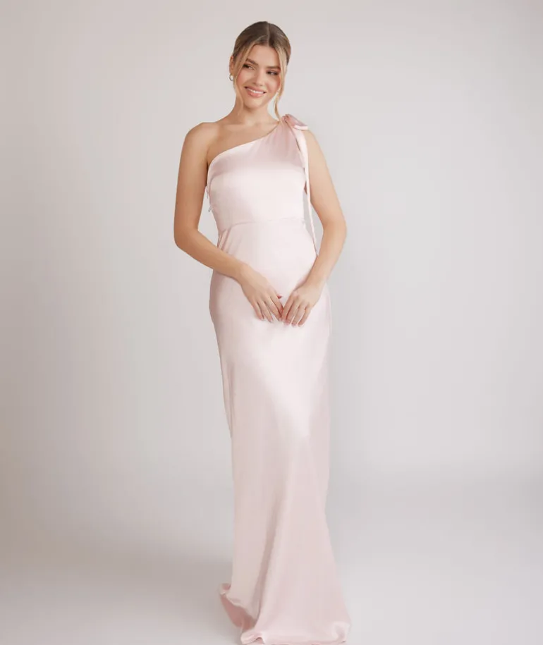 Bow One Shoulder Satin Bridesmaid Dress - Pale Pink