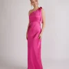 Bow One Shoulder Satin Bridesmaid Dress - Fuchsia Pink