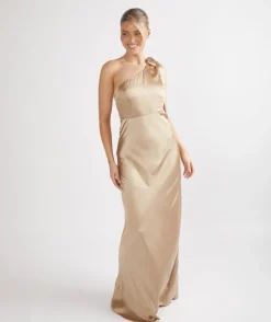 Bow One Shoulder Satin Bridesmaid Dress - Champagne