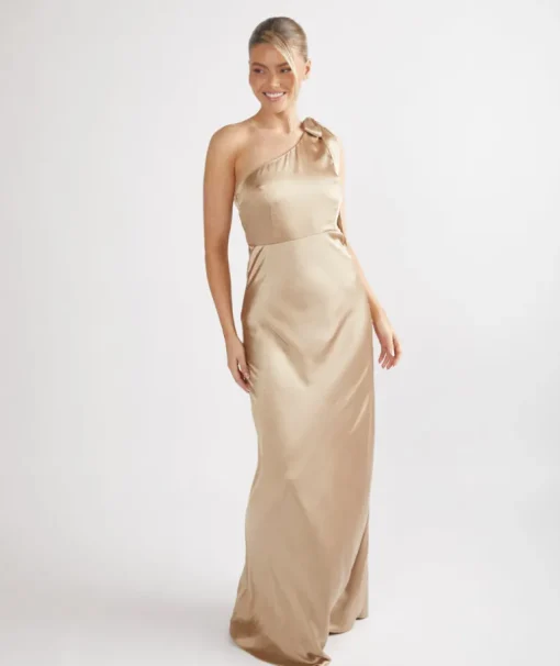 Bow One Shoulder Satin Bridesmaid Dress - Champagne