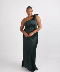 Bow One Shoulder Satin Bridesmaid Dress - Emerald