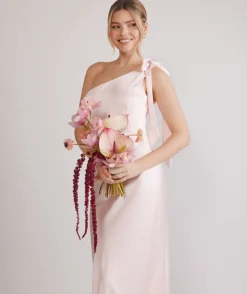 Bow One Shoulder Satin Bridesmaid Dress - Pale Pink