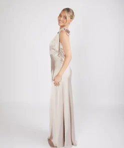 Bow One Shoulder Satin Bridesmaid Dress - Oyster