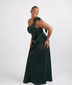 Bow One Shoulder Satin Bridesmaid Dress - Emerald