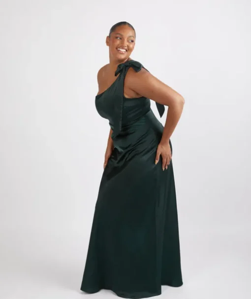 Bow One Shoulder Satin Bridesmaid Dress - Emerald
