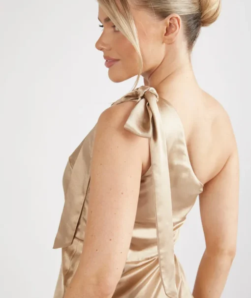 Bow One Shoulder Satin Bridesmaid Dress - Champagne