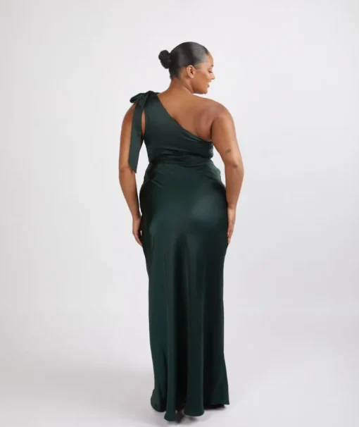 Bow One Shoulder Satin Bridesmaid Dress - Emerald