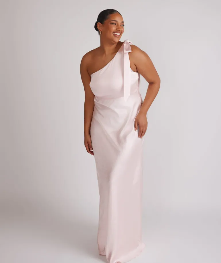 Bow One Shoulder Satin Bridesmaid Dress - Pale Pink