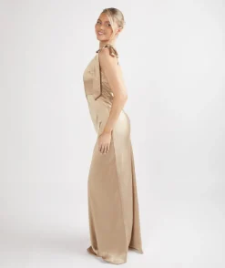 Bow One Shoulder Satin Bridesmaid Dress - Champagne