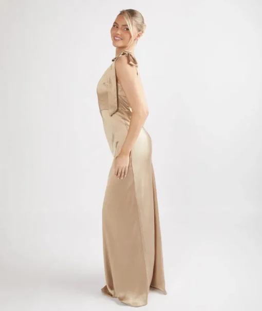 Bow One Shoulder Satin Bridesmaid Dress - Champagne