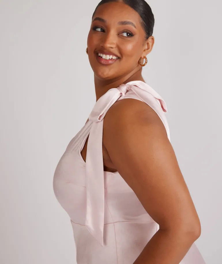 Bow One Shoulder Satin Bridesmaid Dress - Pale Pink