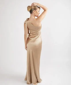 Bow One Shoulder Satin Bridesmaid Dress - Champagne