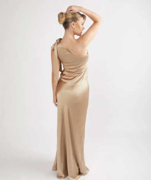 Bow One Shoulder Satin Bridesmaid Dress - Champagne