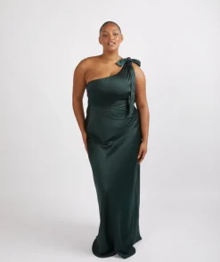 Bow One Shoulder Satin Bridesmaid Dress - Emerald