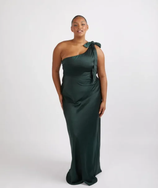 Bow One Shoulder Satin Bridesmaid Dress - Emerald