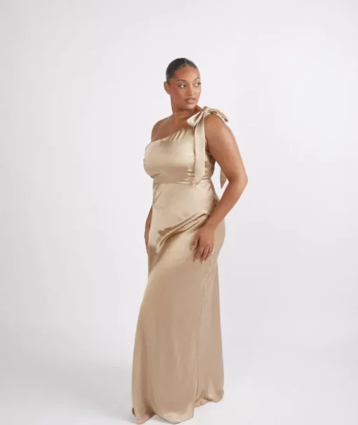 Bow One Shoulder Satin Bridesmaid Dress - Champagne
