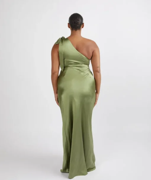 Bow One Shoulder Satin Bridesmaid Dress - Moss Green