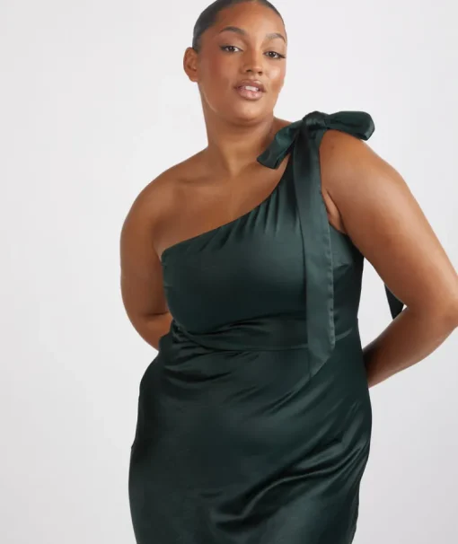 Bow One Shoulder Satin Bridesmaid Dress - Emerald