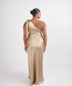 Bow One Shoulder Satin Bridesmaid Dress - Champagne