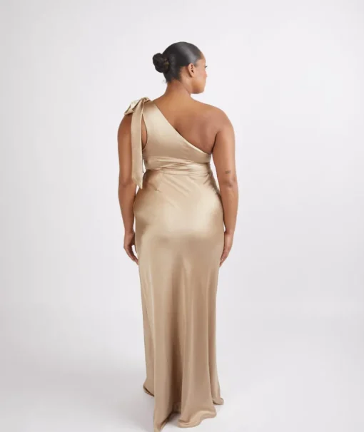 Bow One Shoulder Satin Bridesmaid Dress - Champagne