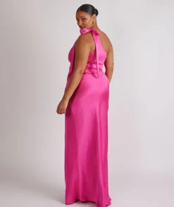 Bow One Shoulder Satin Bridesmaid Dress - Fuchsia Pink