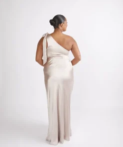 Bow One Shoulder Satin Bridesmaid Dress - Oyster