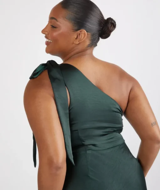 Bow One Shoulder Satin Bridesmaid Dress - Emerald