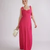 Bow Tie Shoulder Chiffon Bridesmaid Dress - Fuchsia Pink