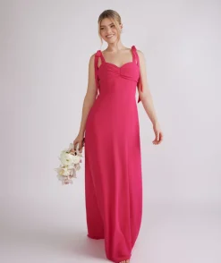 Bow Tie Shoulder Chiffon Bridesmaid Dress - Fuchsia Pink