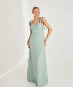 Bow Tie Shoulder Chiffon Bridesmaid Dress - Sage
