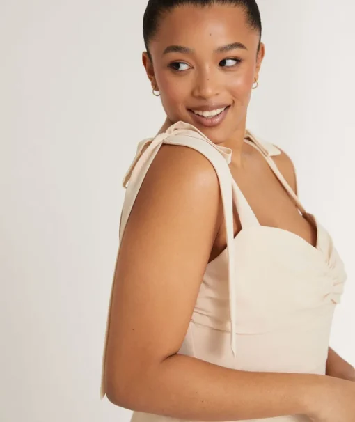 Bow Tie Shoulder Chiffon Bridesmaid Dress - Butter Cream