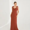Bow Tie Shoulder Chiffon Bridesmaid Dress - Rust