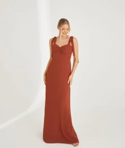 Bow Tie Shoulder Chiffon Bridesmaid Dress - Rust