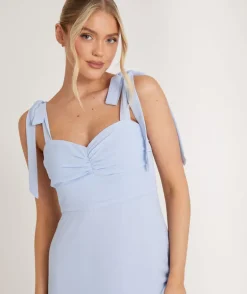 Bow Tie Shoulder Chiffon Bridesmaid Dress - Cornflower Blue