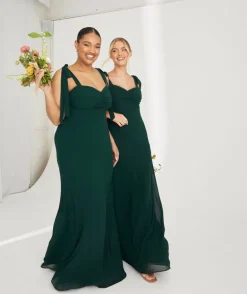 Bow Tie Shoulder Chiffon Bridesmaid Dress - Emerald