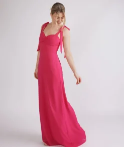 Bow Tie Shoulder Chiffon Bridesmaid Dress - Fuchsia Pink
