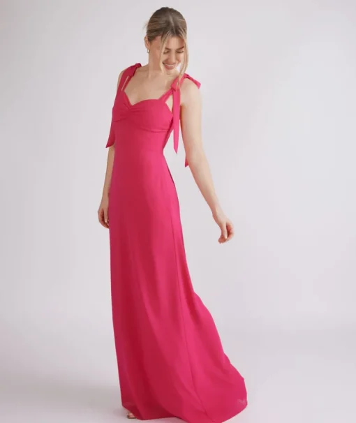 Bow Tie Shoulder Chiffon Bridesmaid Dress - Fuchsia Pink