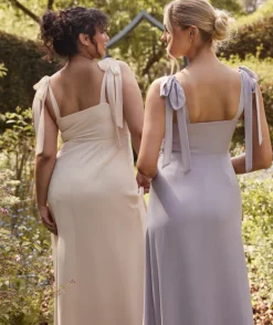 Bow Tie Shoulder Chiffon Bridesmaid Dress - Butter Cream