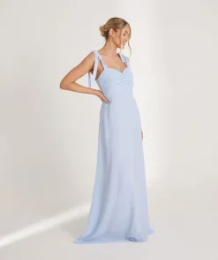 Bow Tie Shoulder Chiffon Bridesmaid Dress - Cornflower Blue