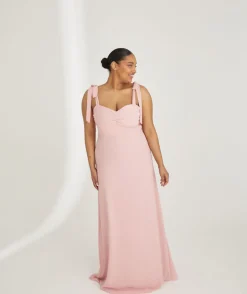 Bow Tie Shoulder Chiffon Bridesmaid Dress - Peony Pink