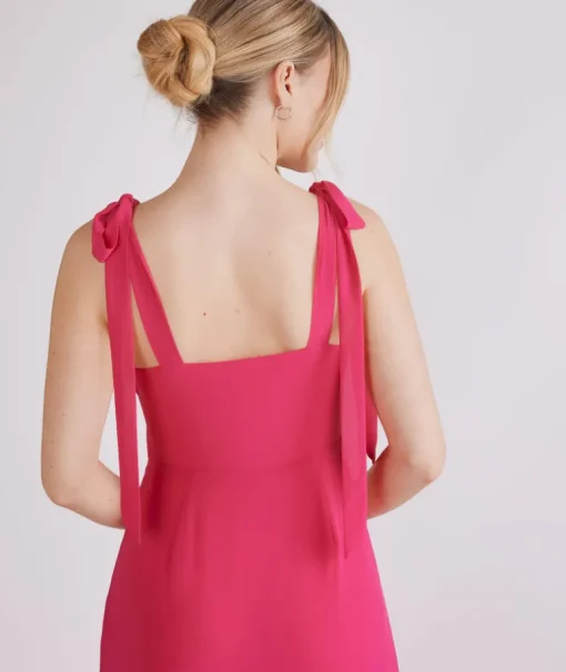 Bow Tie Shoulder Chiffon Bridesmaid Dress - Fuchsia Pink